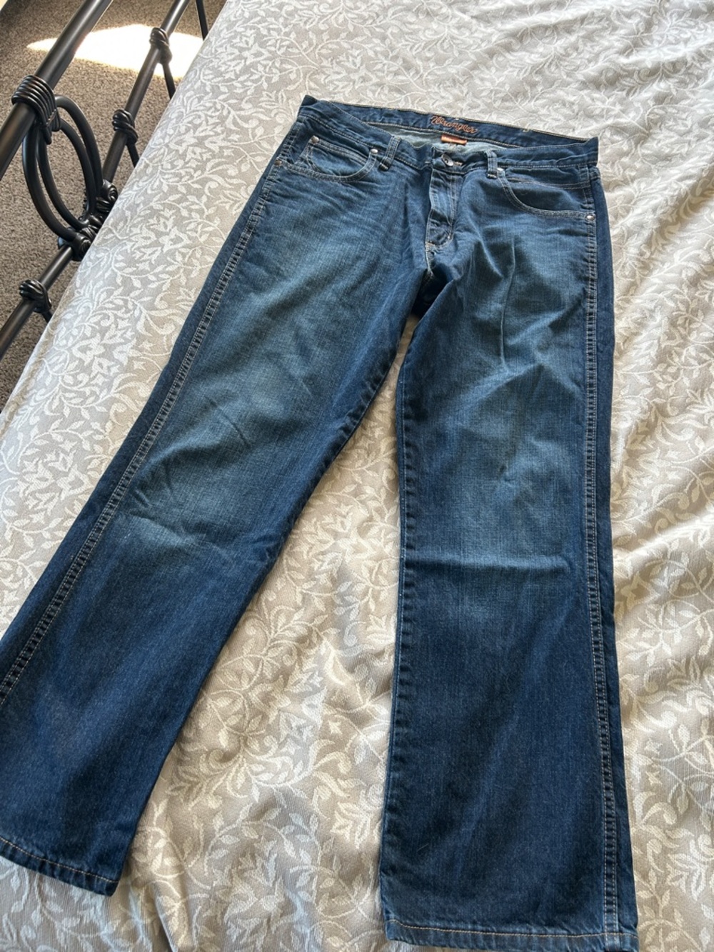 Wrangler Blue Denim Boot Cut Jeans with Tan Stitching